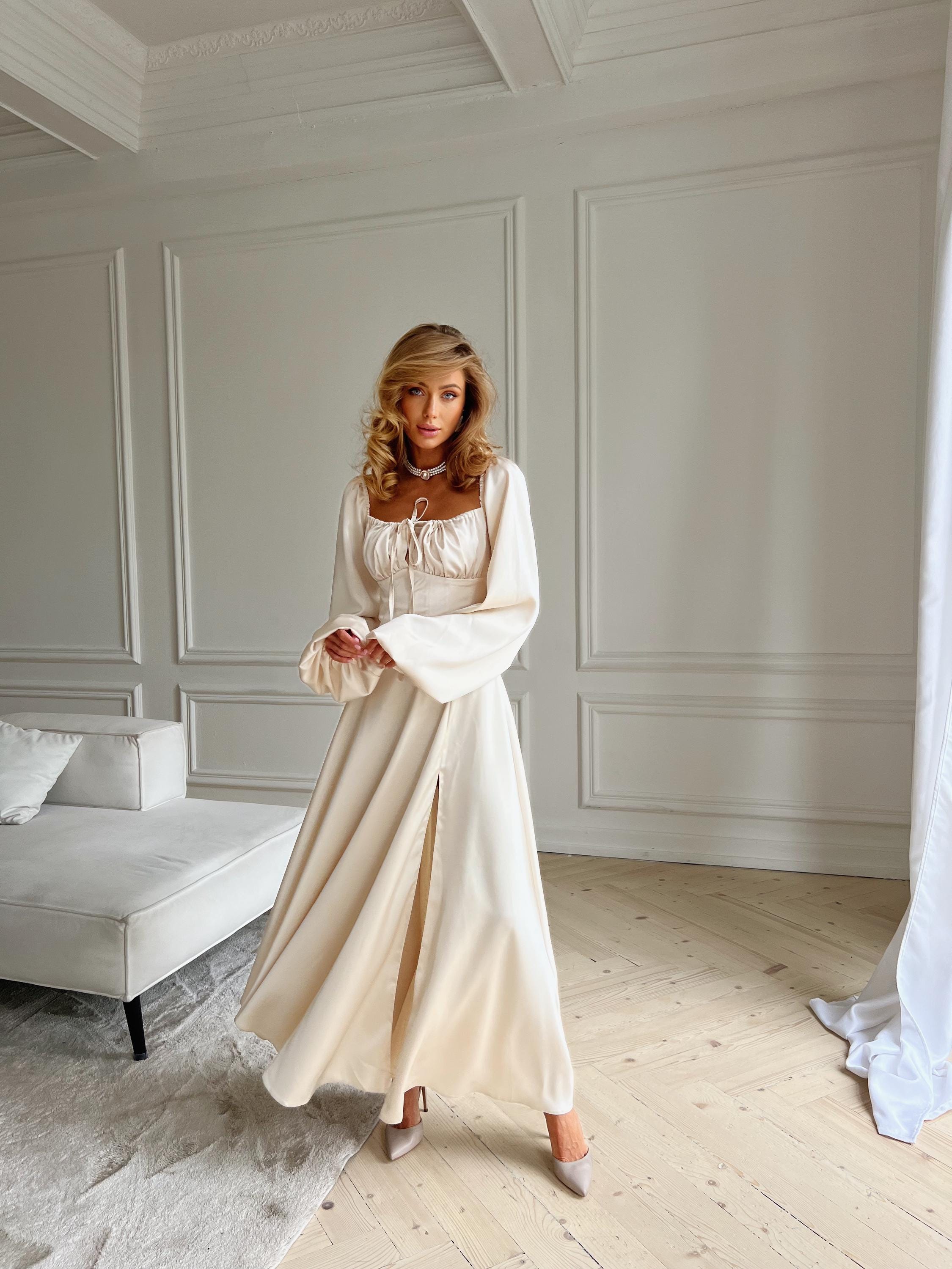 Champagne Satin Maxi Dress With Corset Bodice and Side Slit, Long Sleeve Gown for Elopement, Bridal Shower or Elegant Ceremony