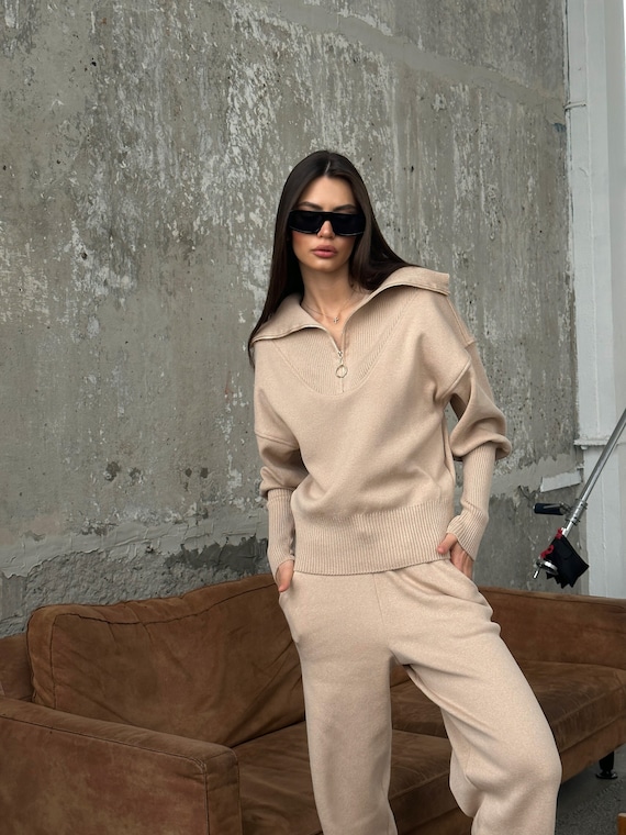 Wool Women s Pantsuit Set for Fall winter Womens Knitted Sweater Suit With Knit Wool Joggers Beige Casual Pants Set Women Winter Etsy Ireland