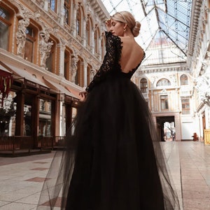 Black Open Back Tulle Evening Dress, Maxi Black Tutu Dress, Two Piece Puffed Tulle Outfit, Black Wedding Dress
