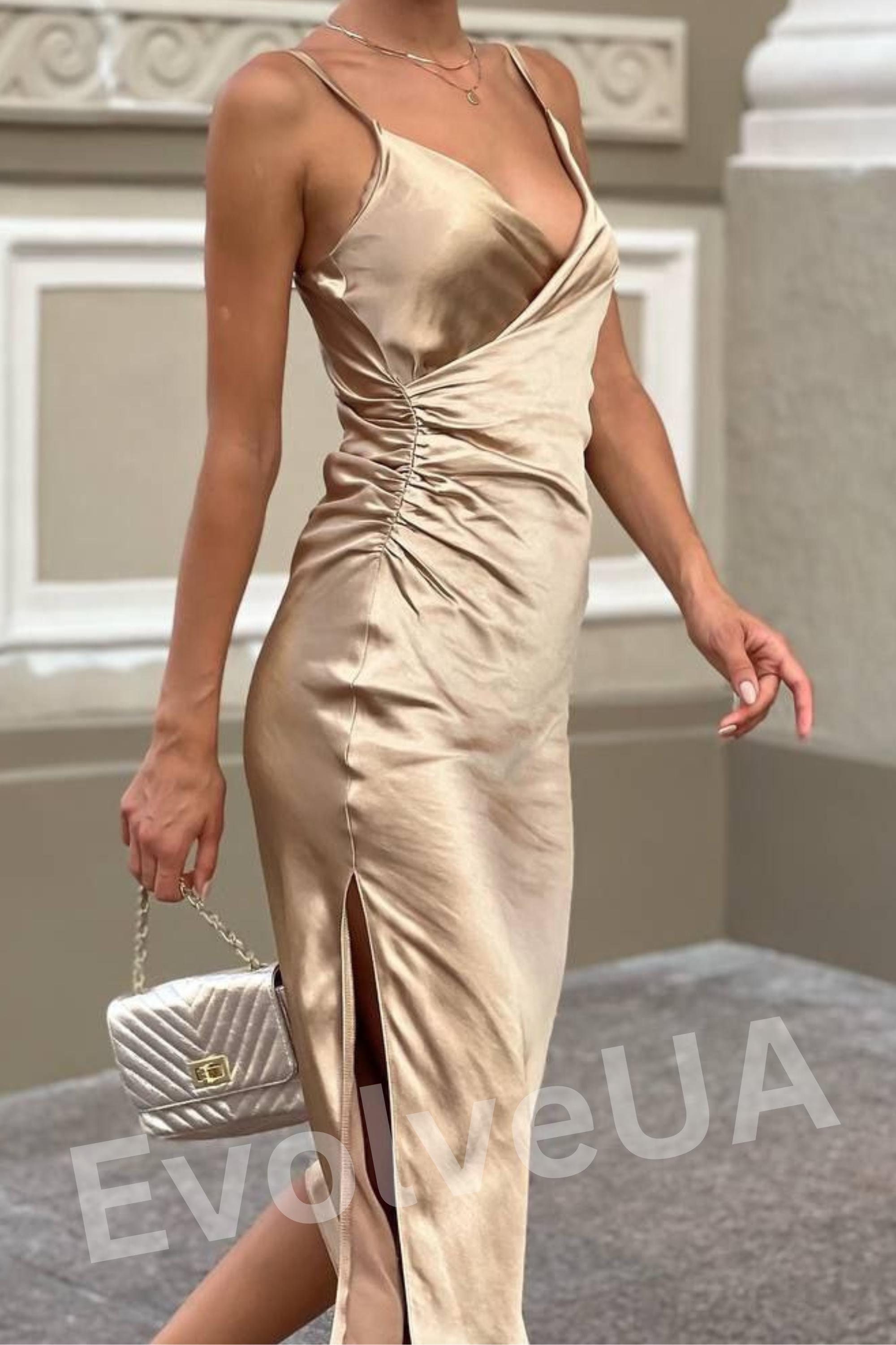 gold foil slip dress Silk Midi Dress, Deep V Neck with Side Slit Black/Gold