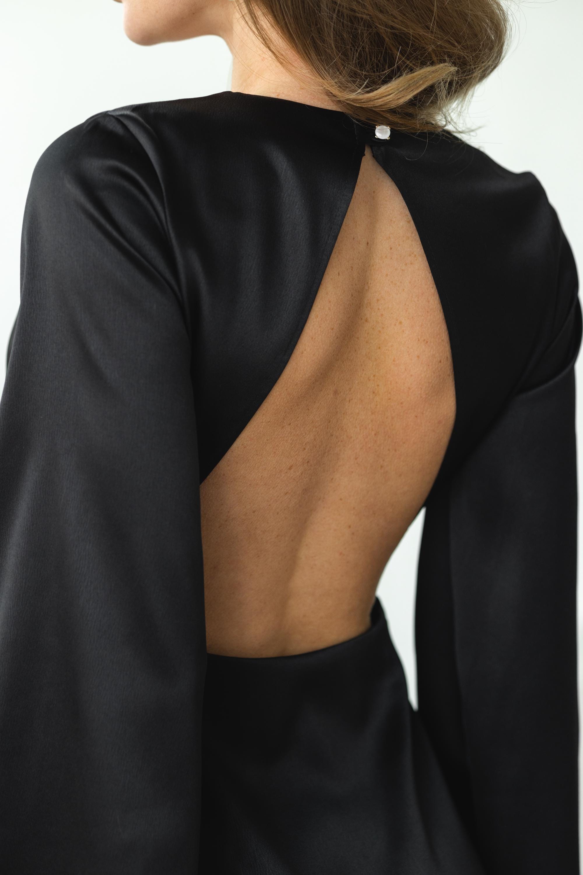 black long sleeve open back mini dress Garden Kisses Shirred Mini Dress