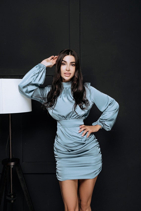 Light blue satin mini cheap dress