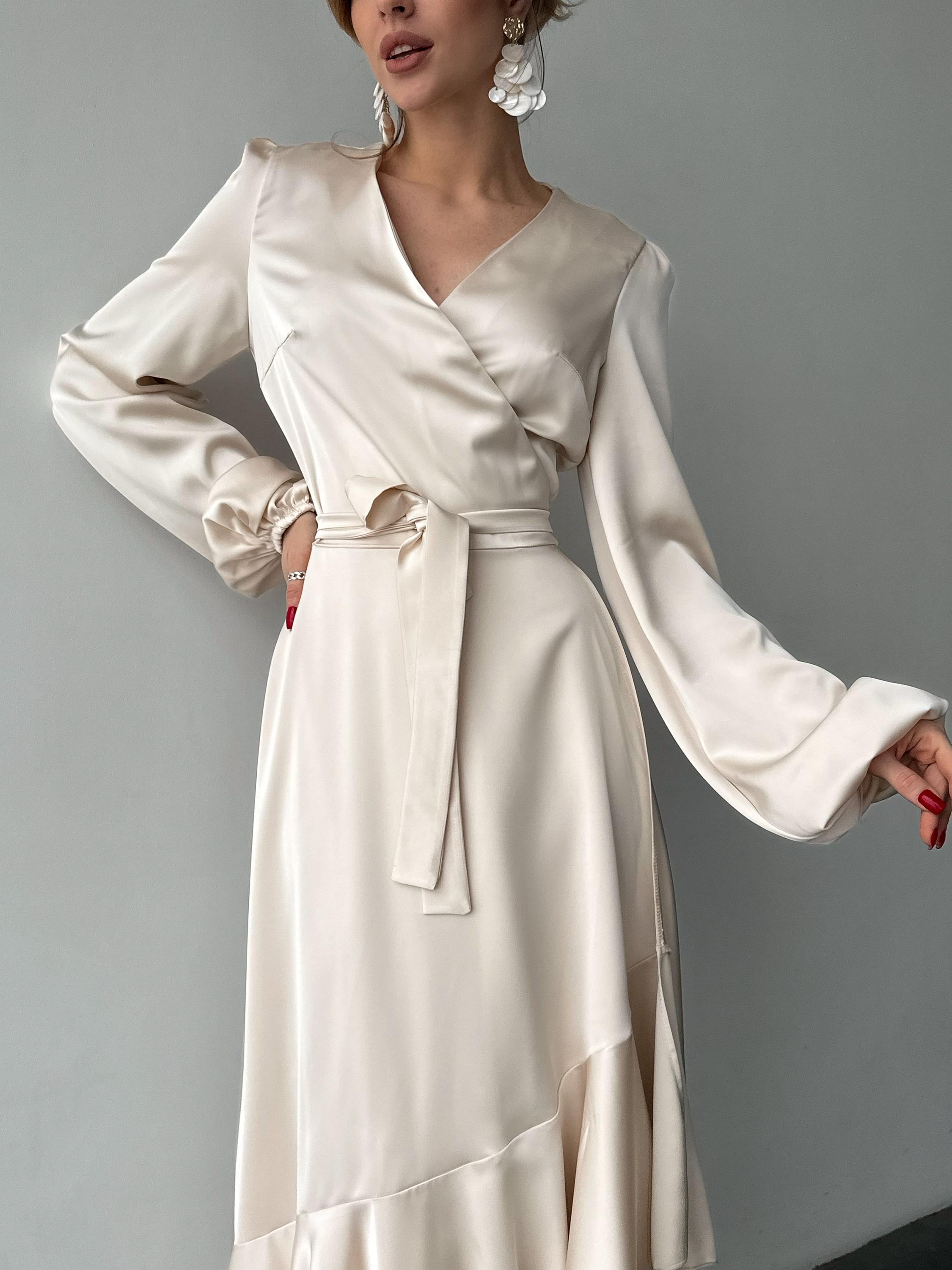 Ivory Silk Satin True Wrap Maxi Dress Long Sleeves for Courthouse Wedding or Elopement