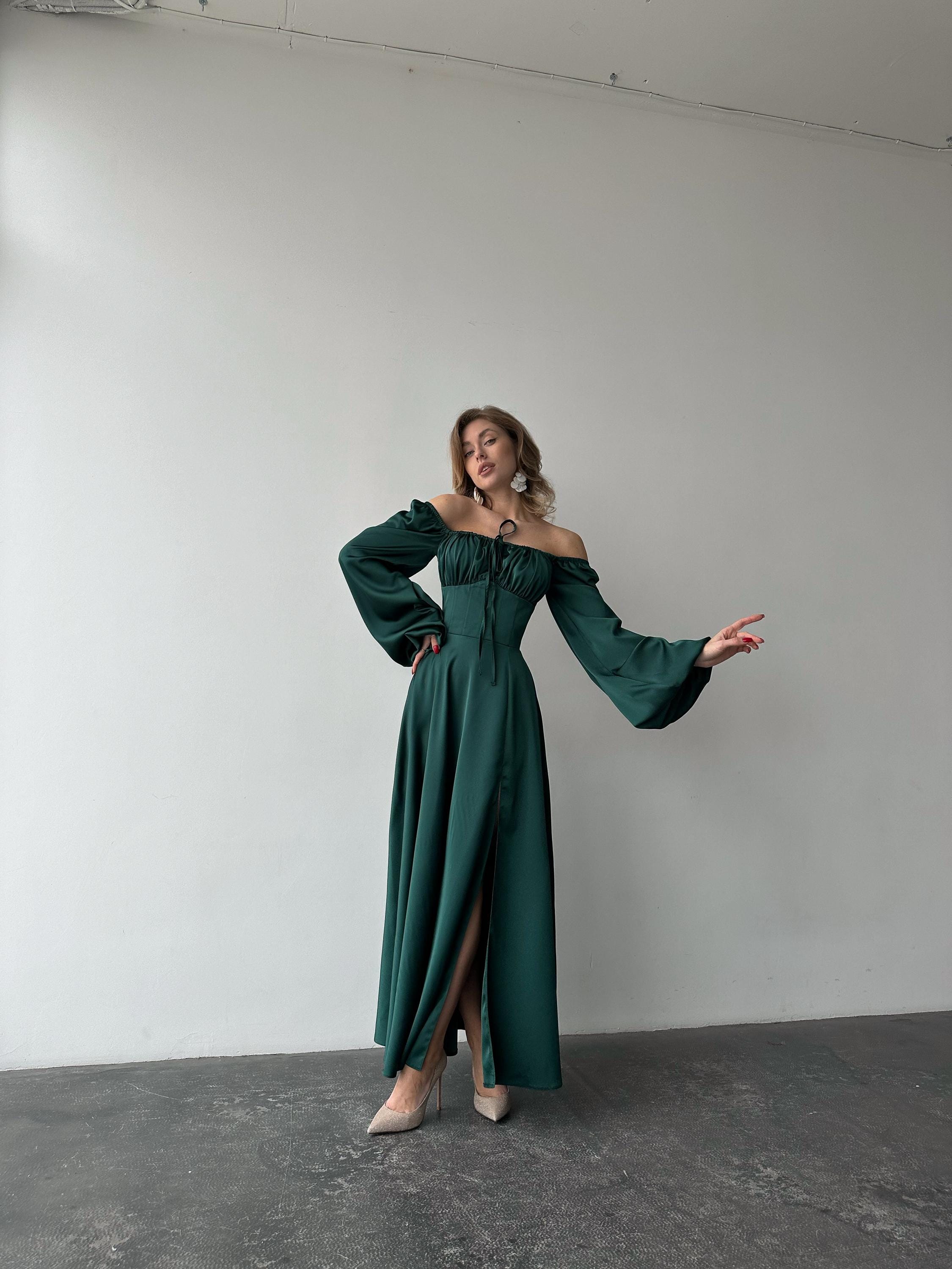 chinese dress ladies Linka On Or Off-Shoulder Long Sleeve Tie-Back Dress Forest Green main image 1