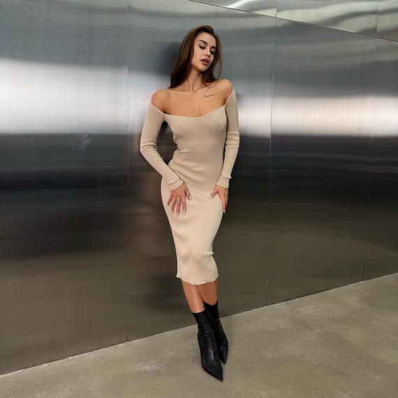 Beige Rib Knit Bodycon Midi Dress for Winter - Etsy