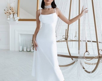 White Satin Silk Slip Dress, Cowl Neck Midi