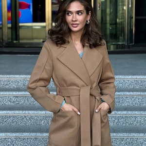 Camel Wool Blend Wrap Coat, Women's Belted Outerwear for Spring/Fall