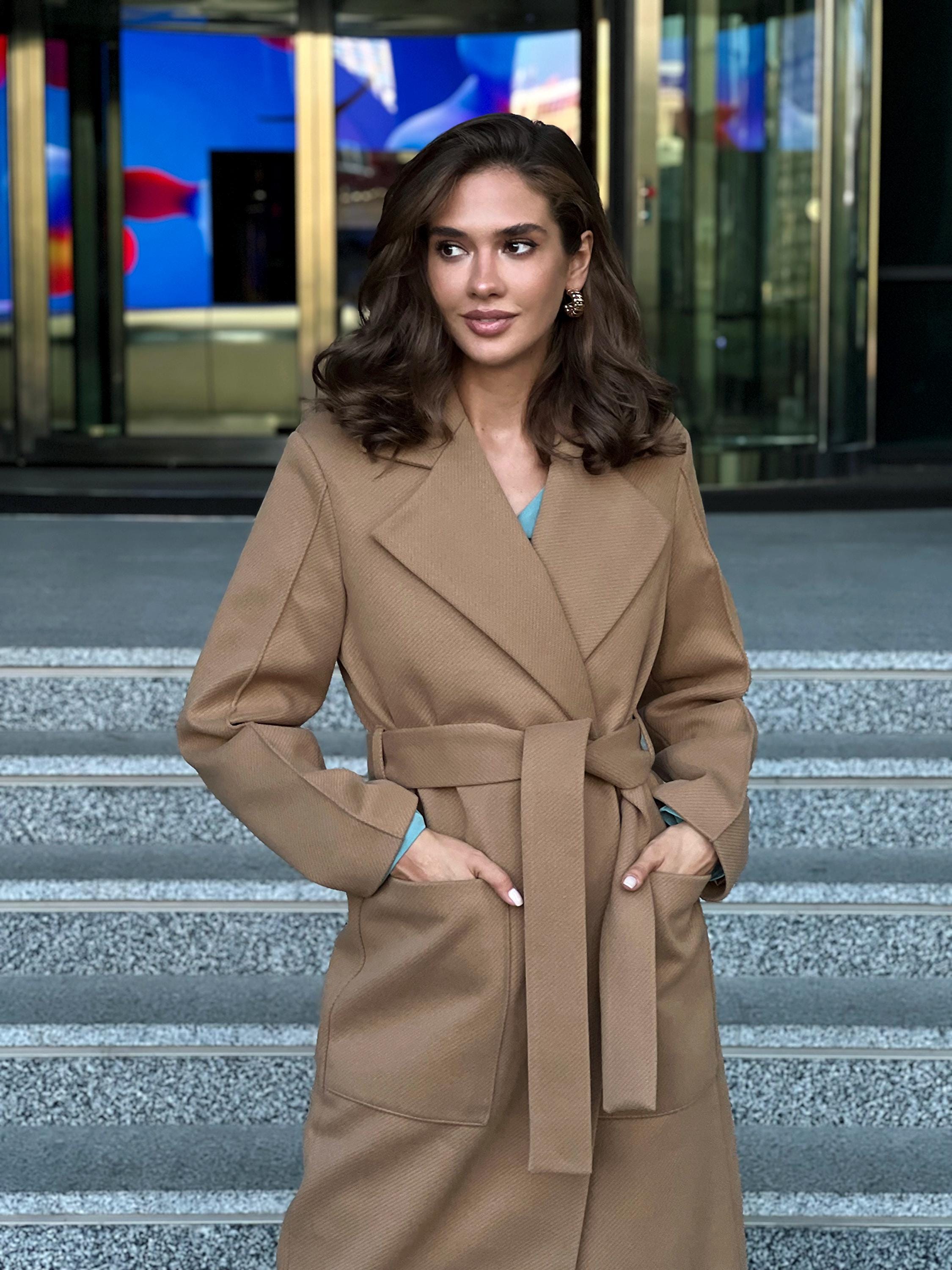 Wrap Coat Long Length Camel Coat Camel Wool Blend Wrap Coat
