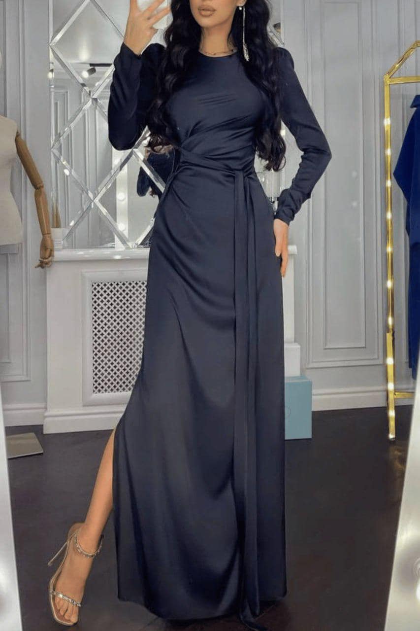 Black Silk Satin Maxi Dress With Long Sleeves, Self-Tie Belt And Side Slit