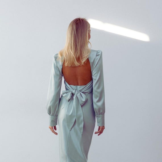 Pistachio Silk Satin Open Back Dress, Bishop Sleeves - Etsy Pistachio Silk Satin Open Back Dress, Bishop Sleeves - Etsy