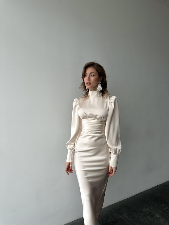 chinese dress ladies Bridal Ivory Satin Open Back Long Sleeve Isadora Maxi Dress main image 0