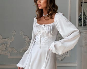White Silk Satin Maxi Dress with Long Bishop Sleeves