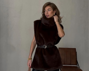 Brown Faux Fur Cape, Women’s Sleeveless High Neck Waistcoat, car-friendly outerwear womens