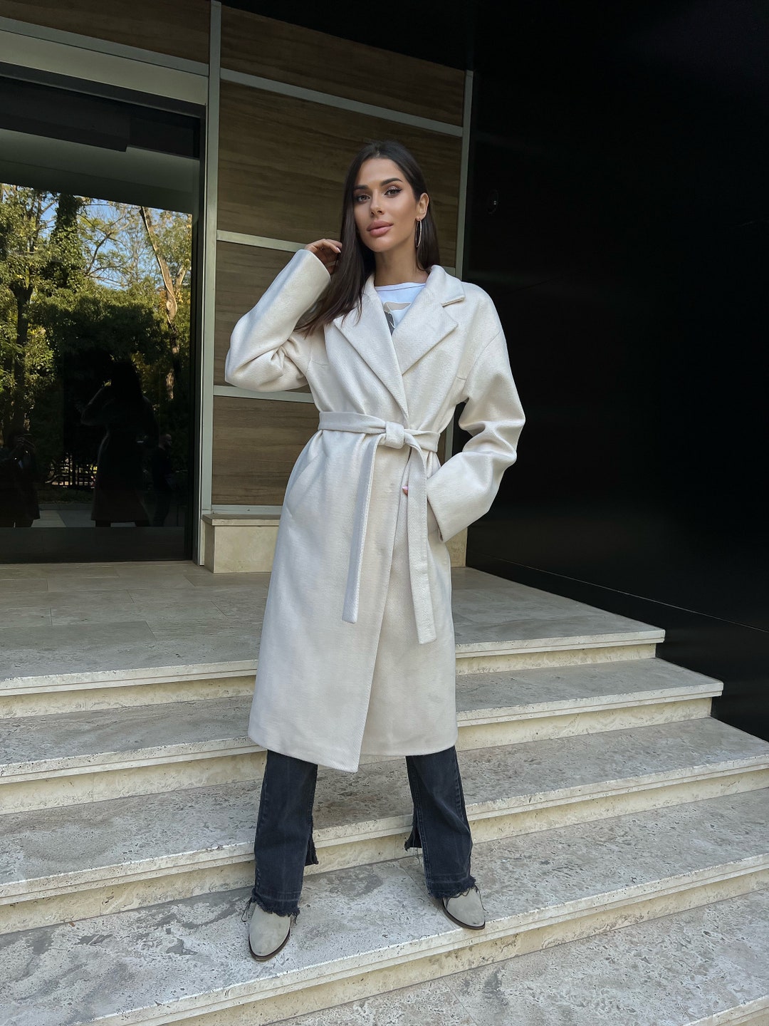 White Wrap Coat Women Long Fall Coat Womens White Wrap Coat Etsy