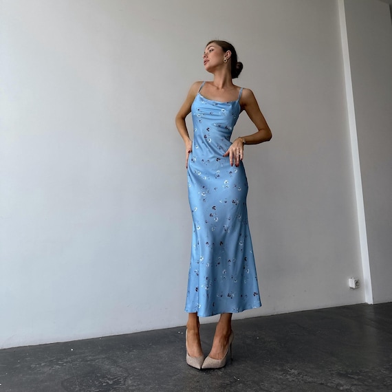 floral cowl neck high slit slip midi dress Light Blue Silk with for Special Occasions extended:303109