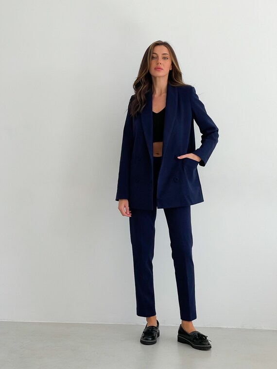 2-piece Blazer Trouser Suit for Women, Blue Pantsuit Women, Womens