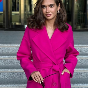 Hot Pink Wool Buttoned Coat for Women, Long Belted Fall Overcoat, Bold Modern City Layer, Soft Warm Minimal Jacket, Elegant Autumn Outerwear