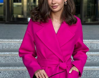 レディース ホットピンク ウール ボタン付きコート 秋冬アウター