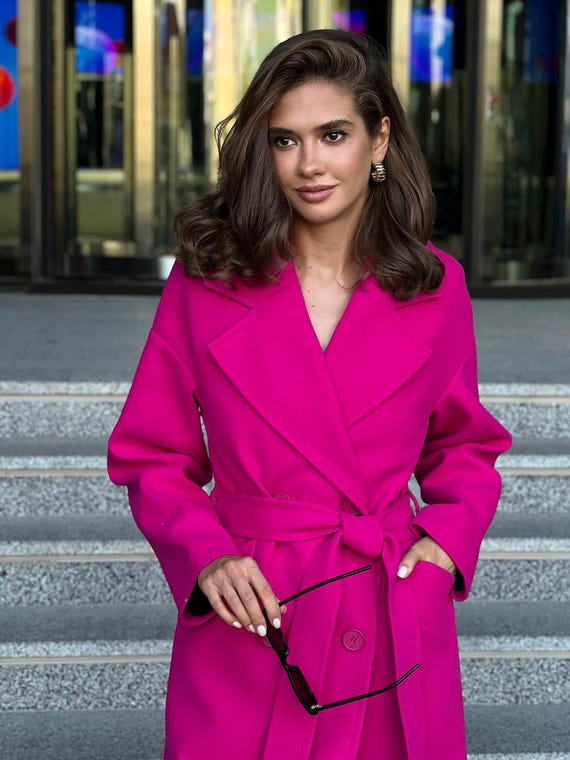 Hot Pink Wool Long Belted Wrap Overcoat With Wide Lapels for Women