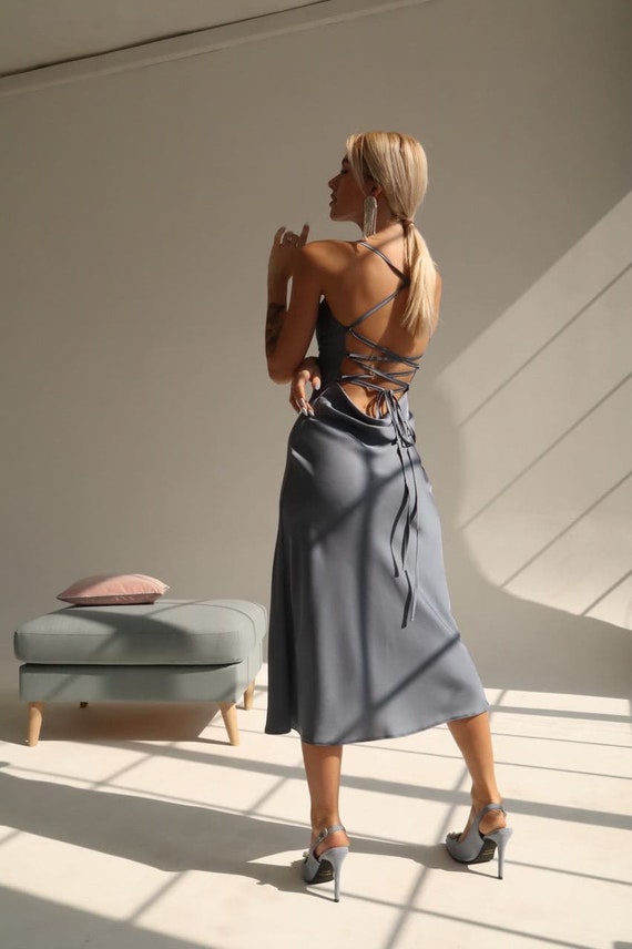 Silk Slip Dress With Cowl Neck, Gray Midi Silk Satin Dress