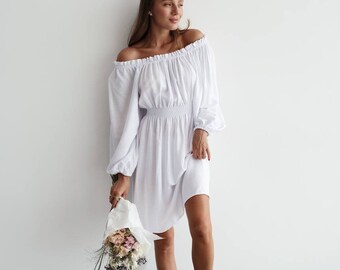 White Linen Midi Dress off-the-shoulder, White Linen Sundress for Women, White Casual Summer Dress, Natural fabric Summer Dress