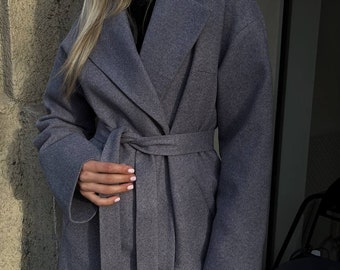 Dark Grey Long Winter Coat for Women, Wool Wrap Winter Coat with Belt for women, Elegant and Classy Long Wool Coat Womens