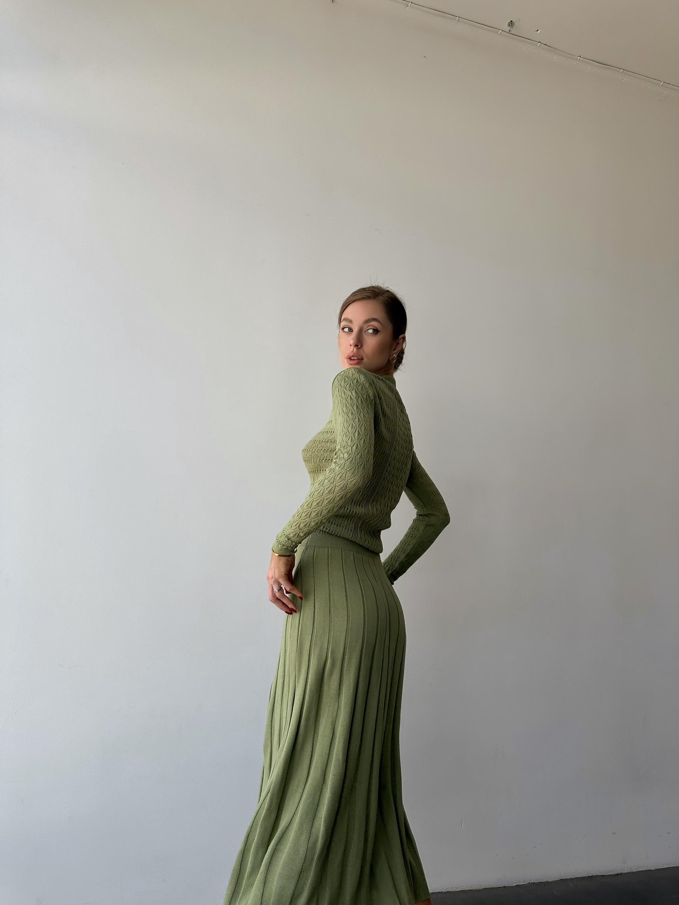 Olive Green Knit Midi Dress with Semi Sheer Long Sleeves for Fall/Spring Olive Green Knit Midi Dress with Semi Sheer Long Sleeves for Fall/Spring