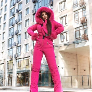 Hot Pink Women Ski Jumpsuit, Winter Snow Suit for Women, Warm Overalls Womens, Snowboarding suit women, Ski One-piece for Women, Snowsuit