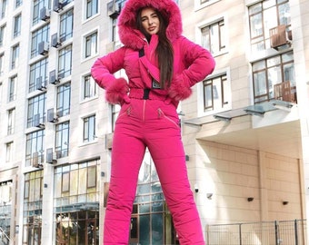 Hot Pink Women Ski Jumpsuit, Winter Snow Suit for Women, Warm Overalls Womens, Snowboarding suit women, Ski One-piece for Women, Snowsuit