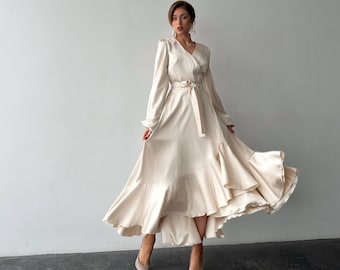 Ivory Silk Satin True Wrap Maxi Dress Long Sleeves for Courthouse Wedding or Elopement