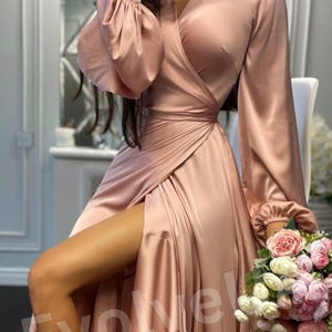 Dusty Pink Green Silk Wrap Dress, Silk Wrap Midi Dress, Elegant Silk Dress Long Sleeve Wrap Dress,  Dusty pink Courthouse Wedding Dress Silk