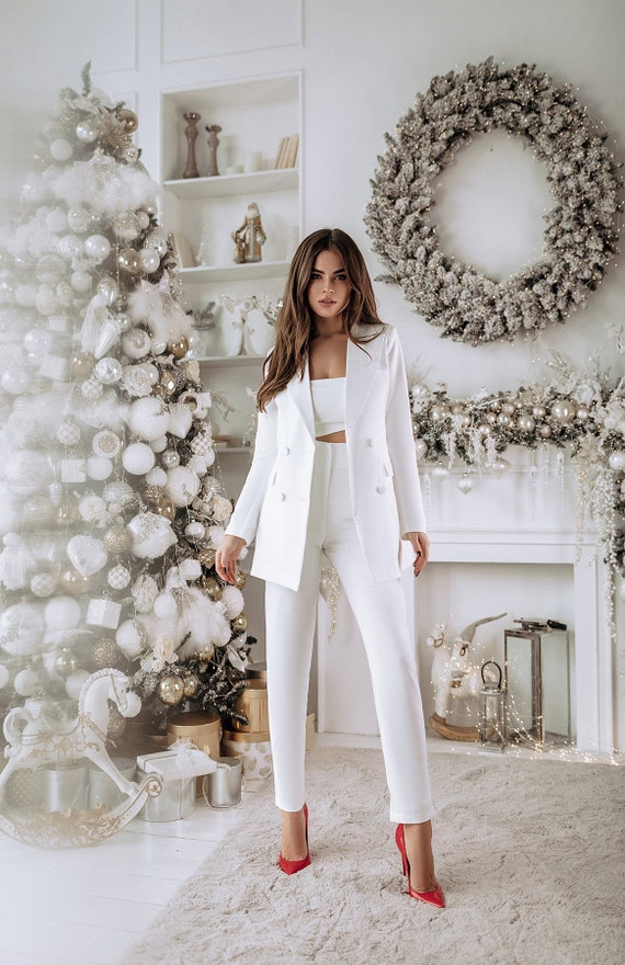 White Double-breasted Pantsuit for Women, Classic Blazer Trouser Suit Set  for Women, Bridal Pantsuit With Blazer, White Pantsuit Womens 