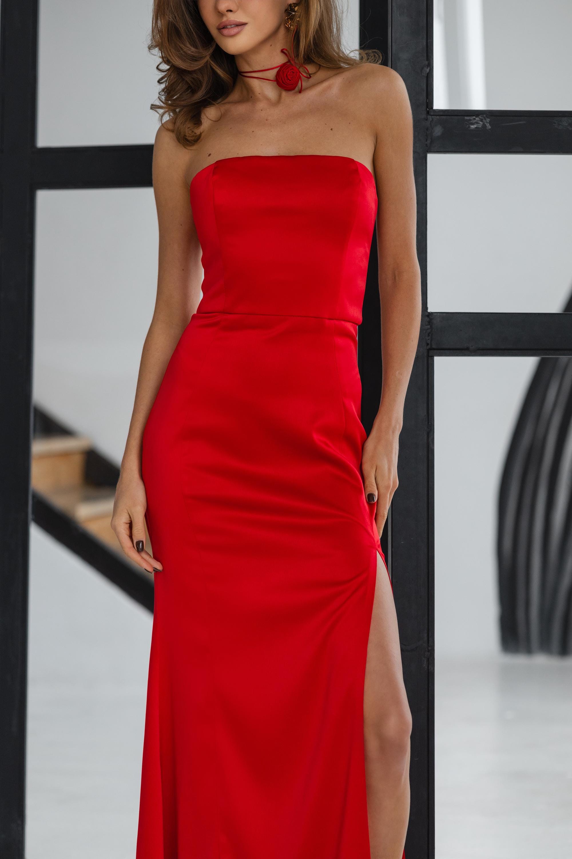 Red Satin Maxi Corseted Dress with Rose Choker