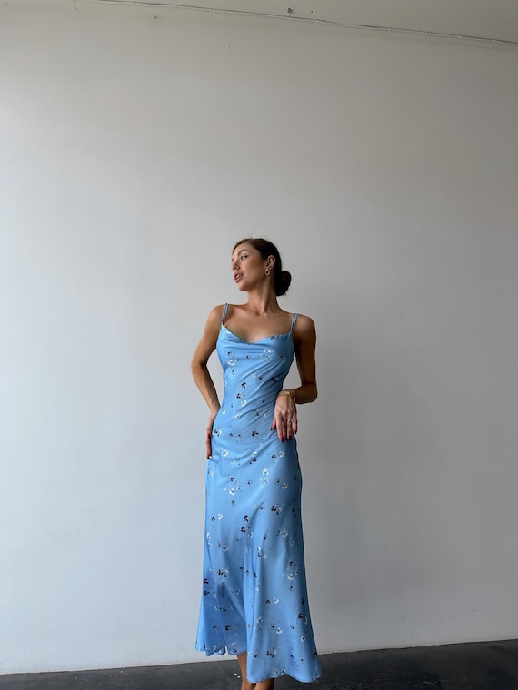 Light Blue Floral Silk Slip Dress, Cowl Neck Midi Dress With