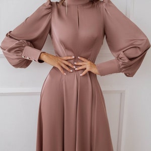 Mocha Silk Midi Dress with Bishop Sleeves Silk Fit and flare midi dress, Silk modest dress for women, Silk midi dress with side slit