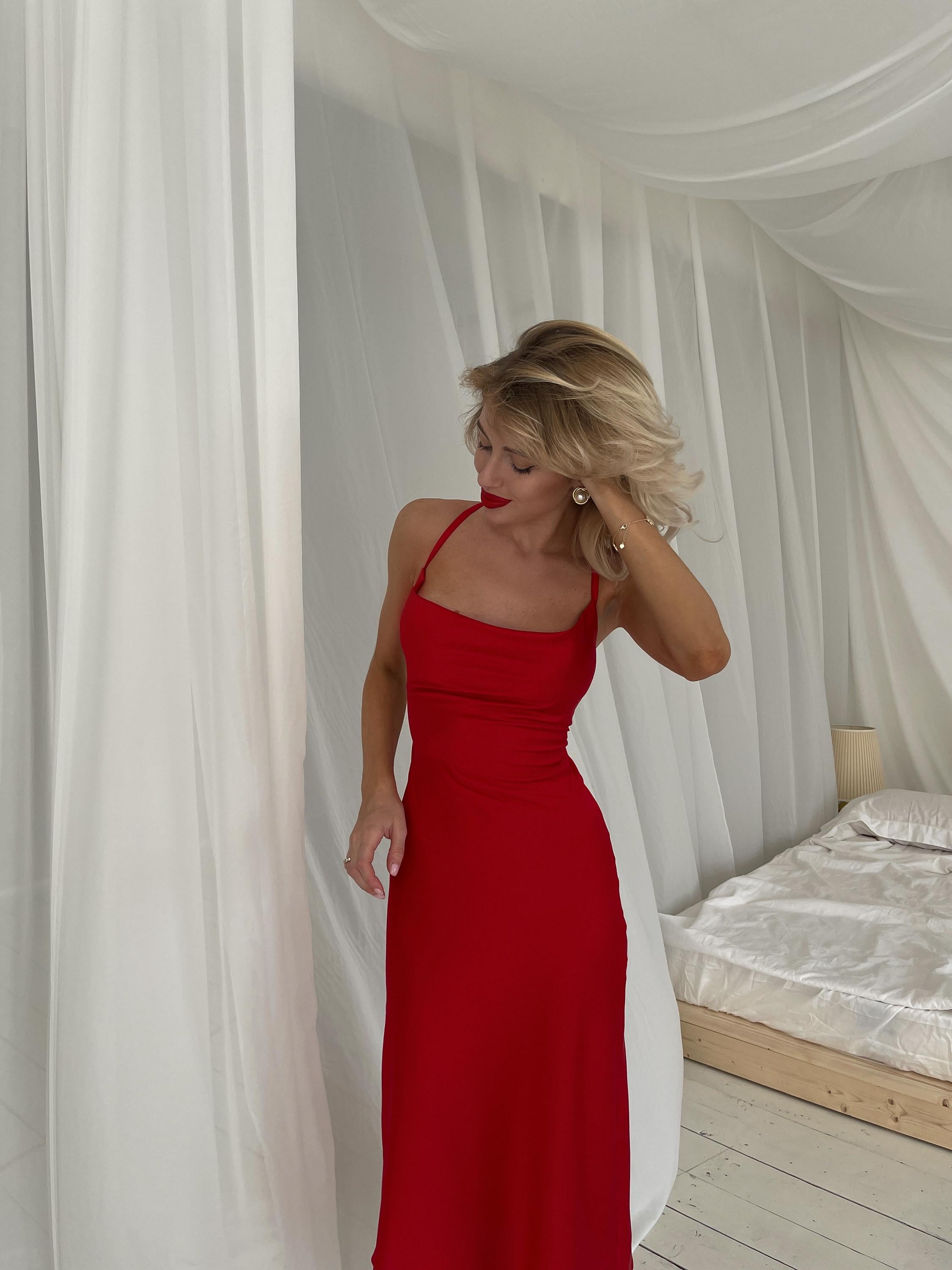 slim fit dress slacks Elegant Red Slinky Slip Dress