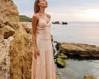 Robe Maxi en soie beige pour femme, robe Maxi en soie, robe longue en soie pour femme, robe en soie pour invité de mariage longue