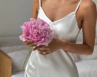 White Silk Satin Slip Dress, Silk Slip Dress of Midi Length, V-Neck Silk Slip Dress for Special Occasions, Sleeveless Silk Dress