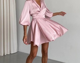pink satin wrap dress Medellin Gathered Detail Side-Tie Wrap Dress Hot Pink