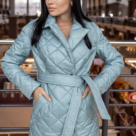 Mint Blue Wrap Puffer Coat for Women Light Blue Quilted Coat 