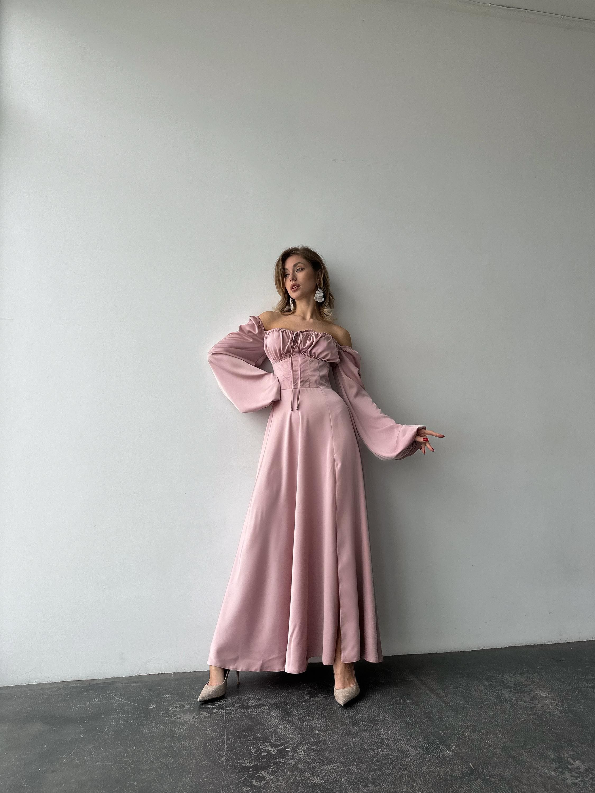 Dusty Pink Silk Maxi Dress with Side Slit and Bishop Sleeves, Light Pink Elegant Silk Dress with Long Sleeves, Silk Modest Maxi Dress Womens