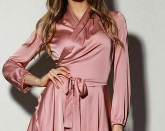 Pink Silk Wrap Mini Dress, Bracelet Sleeves