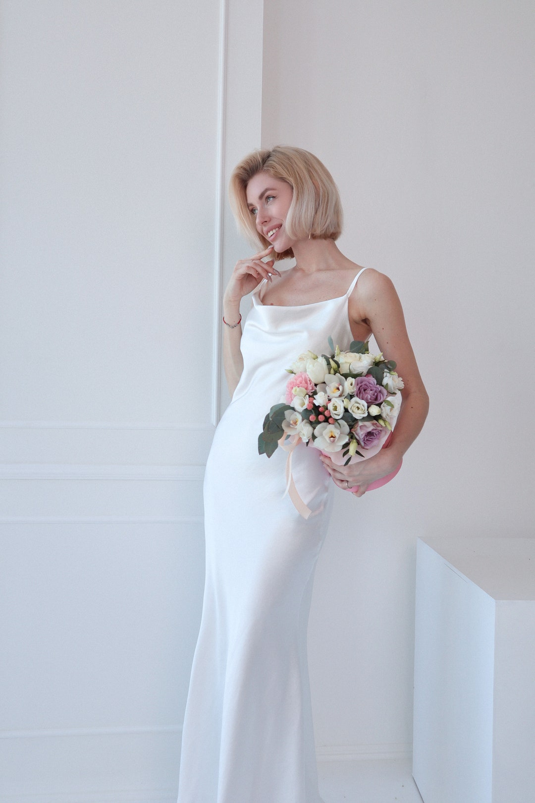 White Silk Slip Dress Silk Slip Dress of Midi Length Cowl Neck Etsy