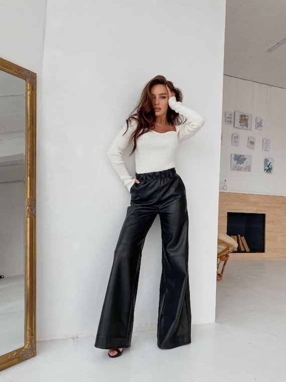 Faux Leather Pants Womens, Black Palazzo Pants, Leather Wide Leg