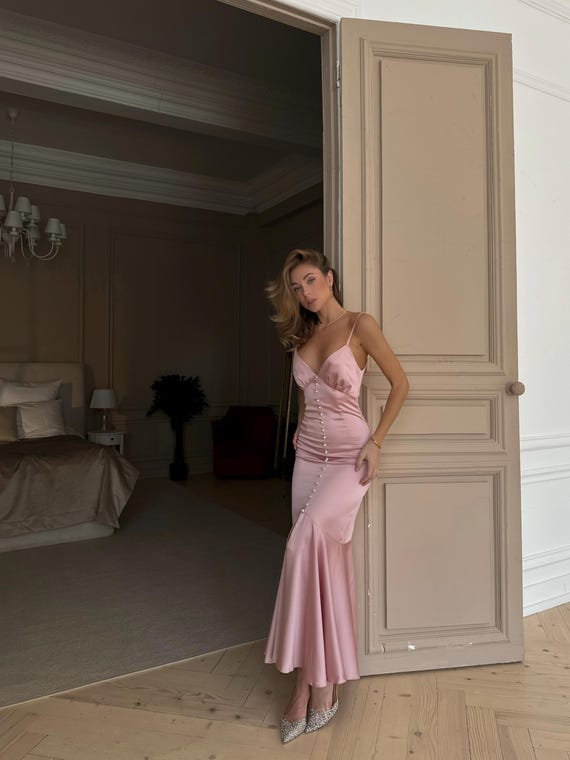 Light Pink Silk Satin Midi Dress for Women, Satin Silk Slip Midi Dress for Special Occasions, Wedding Guest Dress, Bridesmaid Slip Mermaid