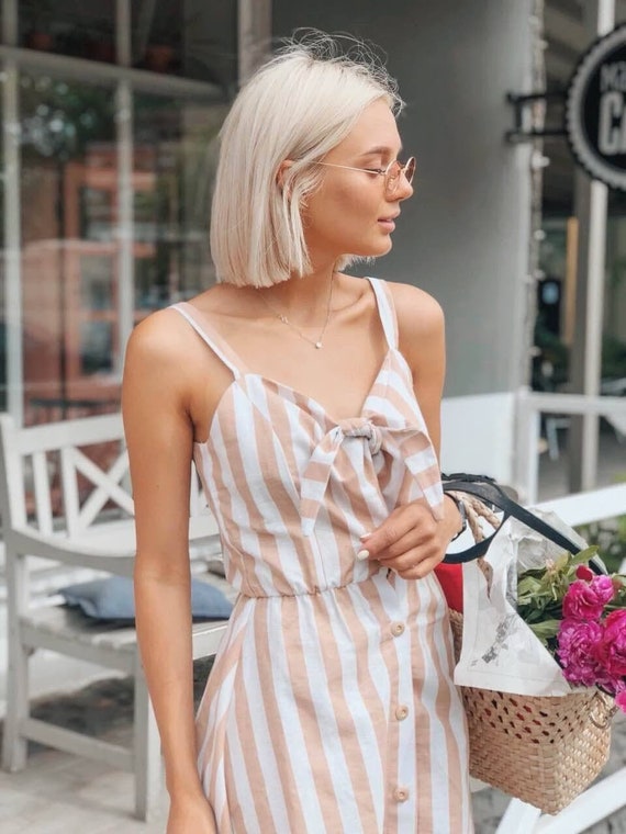 LINEN Striped Dress for Women Tie Front 