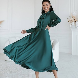 Emerald Green Silk Midi Dress, Silk Modest Dress for Women, Emerald ...