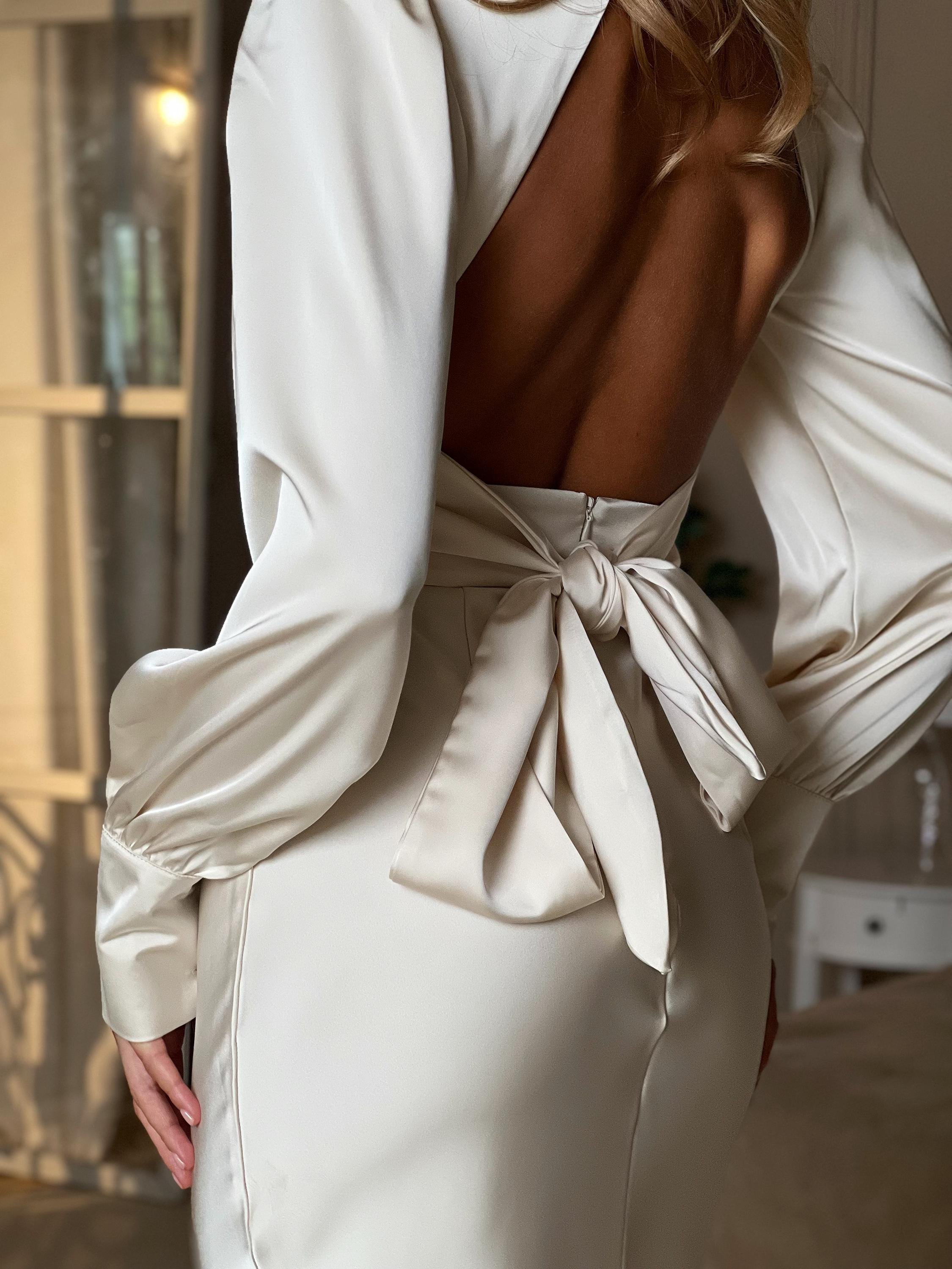 Ivory Silk Open Back Dress with Long Sleeves, Beige Silk Midi Dress Bishop Sleeves, Silk Turtleneck Dress with Open Back