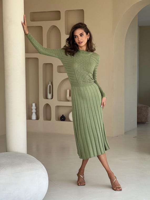 long sleeve green ribbed dress Olive Openwork Knit Midi With Semi-sheer Sleeves handle:sayla-sequin-dress-jet-black