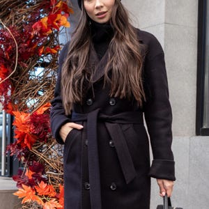 Black wool winter coat women, Wool Wrap Coat, Womens Wool Coat with belt, Elegant Wool Coat, Black Coat with Fur for Women, Long Wrap Coat